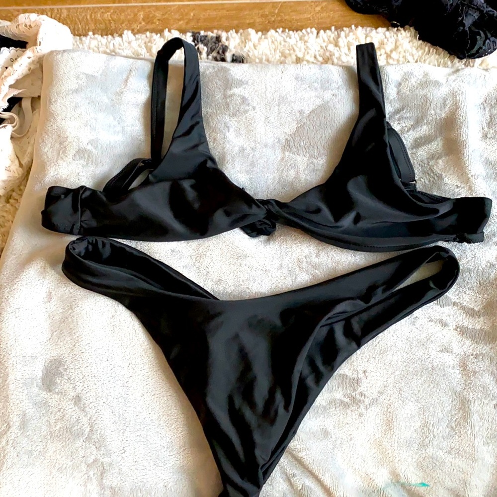 Black two piece thong bathing suit